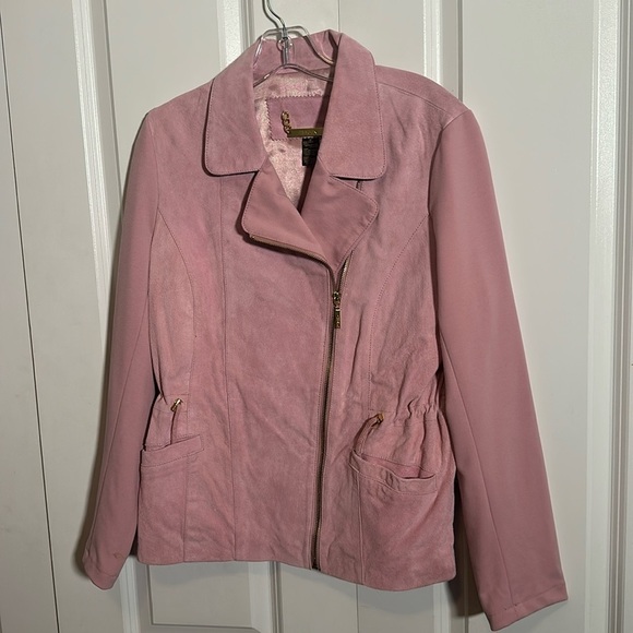 IMAN lined pink suede uneven zippered jacket, waist cinch tie, fabric sleeves, M - Picture 1 of 8